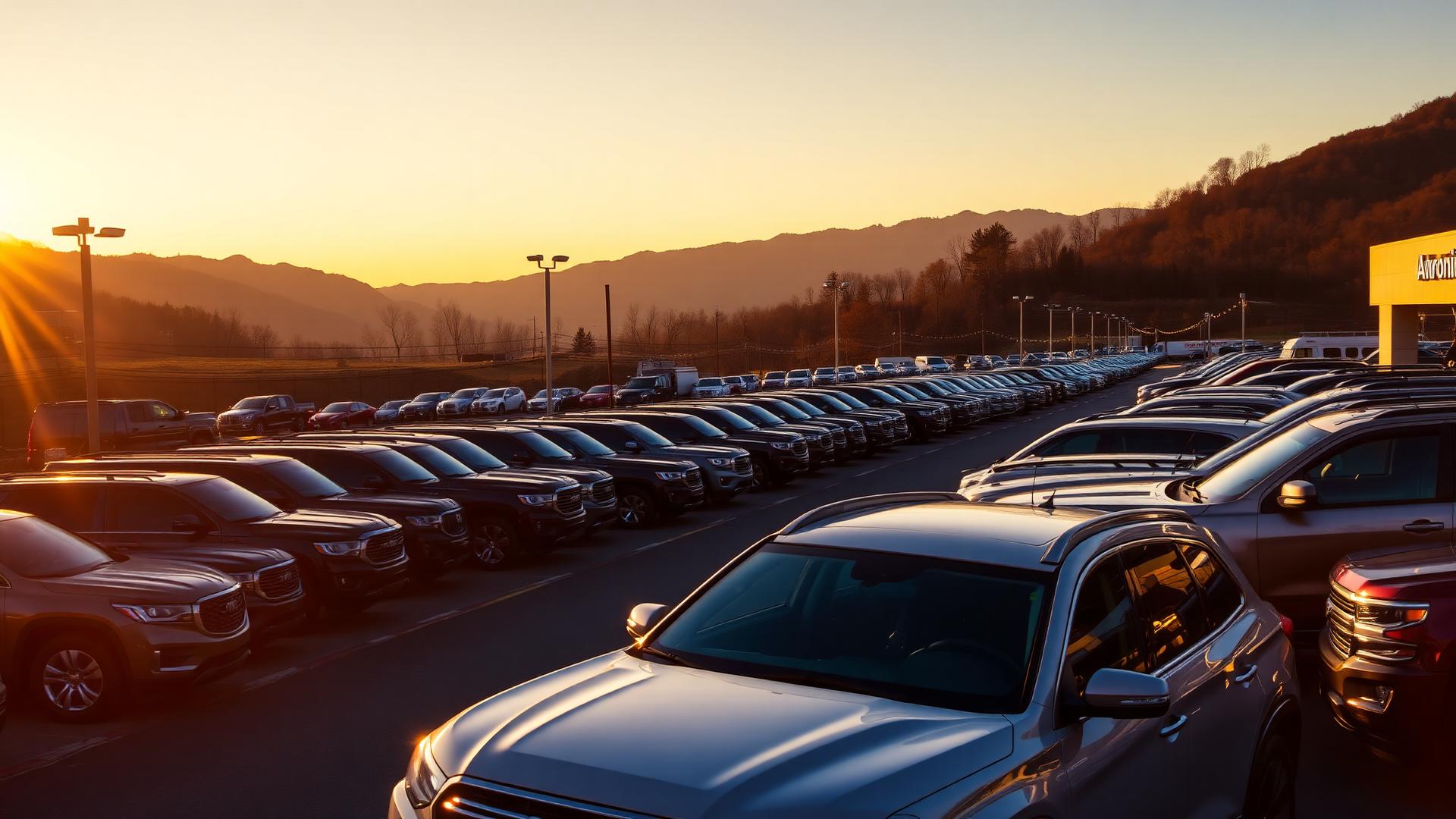Genesis Auto Sales lot at sunset in Sevierville, TN