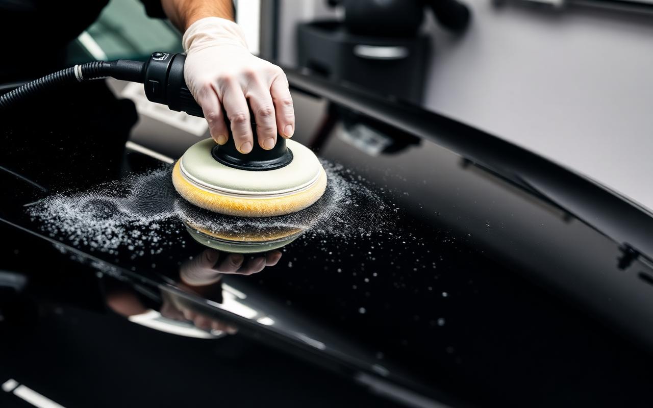 Detailer buffing a glossy car hood