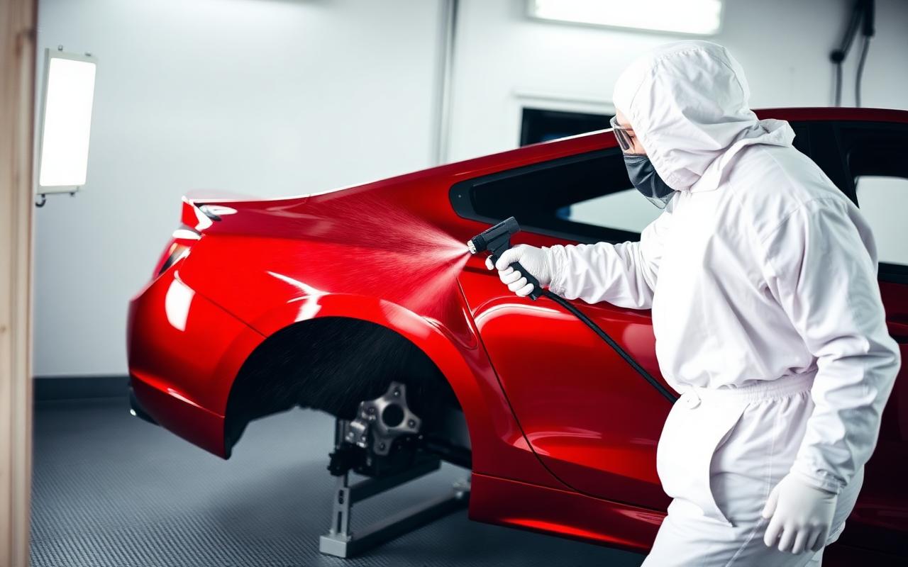 Painter spraying a red car panel in a paint booth