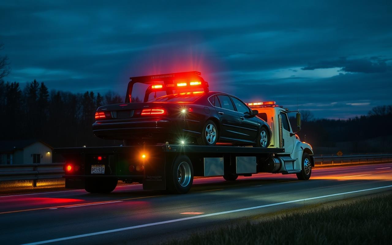 Flatbed tow truck loading a sedan at dusk